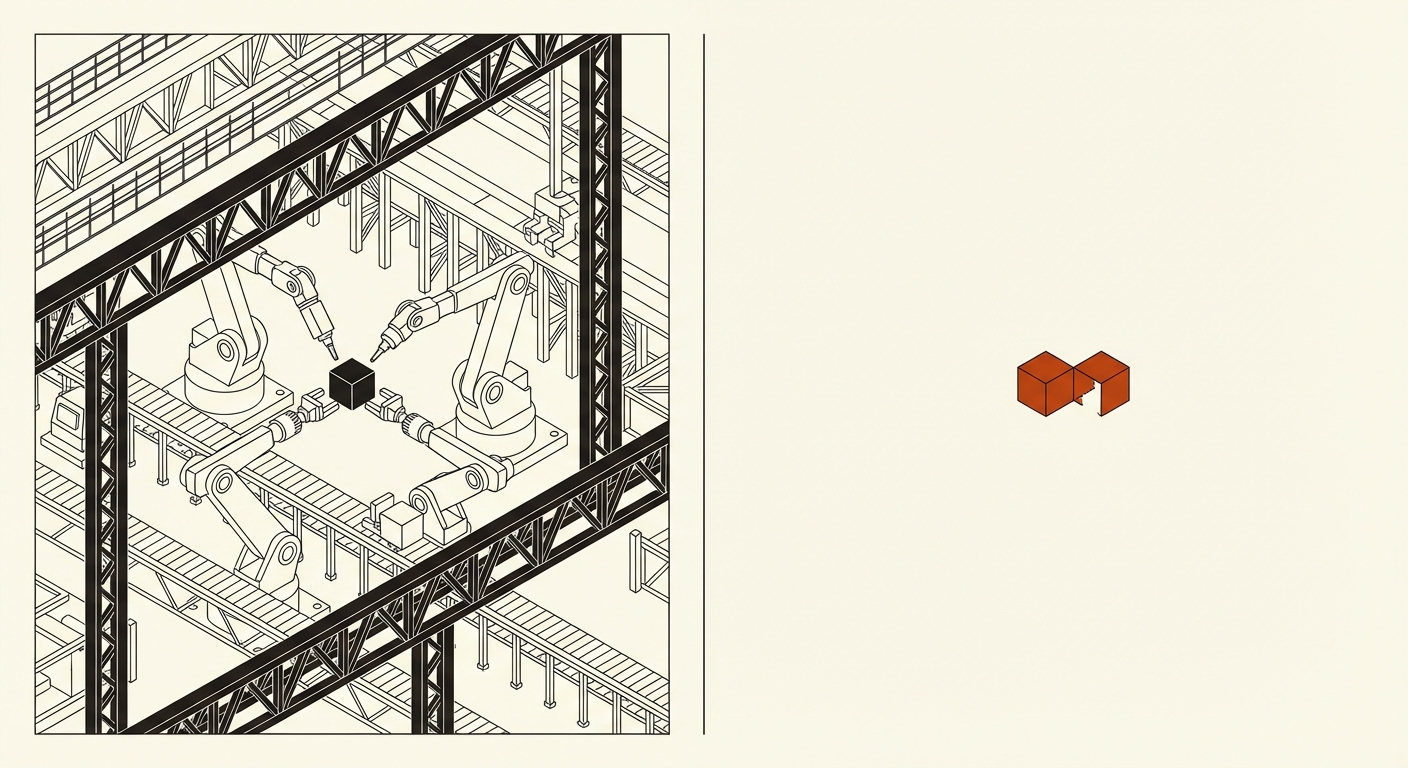 The Factory vs. Self-Assembly — top-down production requires massive infrastructure; biology reproduces at 1:1 scale